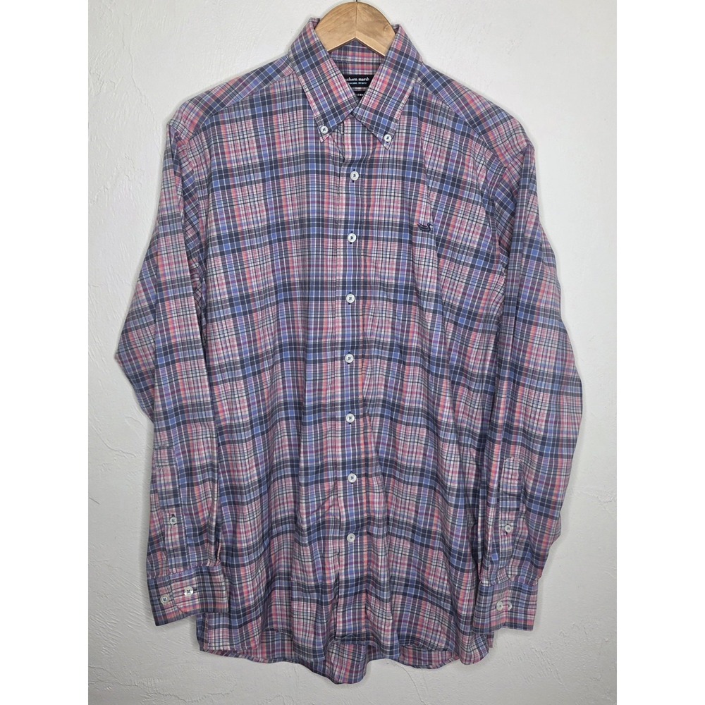 Southern Marsh Mens Medium Performance Blue Pink Plaid Long Sleeve Shirt Check